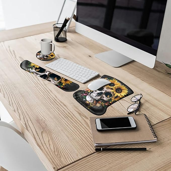 Keyboard Wrist Rest and Mouse Wrist Rest Pad Set Made of Memory Foam with Non Slip Rubber Base Ergonomic Gel Wrist Rest for Computer Keyboard Gaming Office Working with Skull Sunflower Coaster