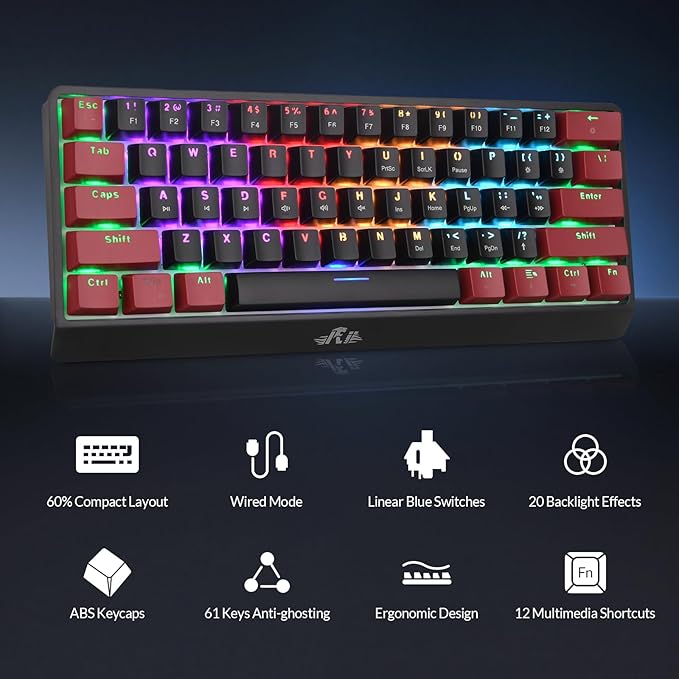 Rii RK806 60% Mechanical Gaming Keyboard61 Keys Compact Wired Keyboard with RGB BacklightClicky Blue SwitchAnti-ghostingfor Windows Laptop PC Mac(Black&ampRed)