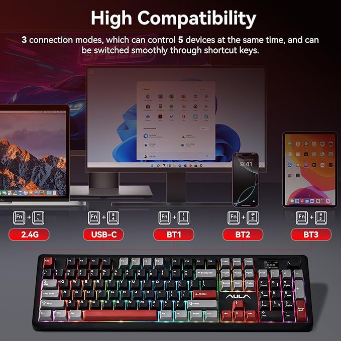 AULA F106 PRO Wireless Mechanical Keyboard 104 Keys Gaming Keyboard with Knob &amp Screen Tri-Mode RGB Hot Swappable Creamy Sounding Computer Keyboards for PC/Laptop/Windows - Black Red