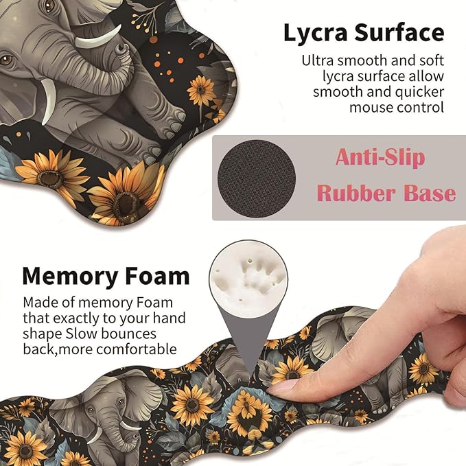 3 in 1 Keyboard Wrist Rest + Mouse Pad and Coaster Ergonomic Gel Mouse Pad and Keyboard Pad Set Comfortable Lightweight for Easy Typing Pain Relie Baby Elephant and Sunflower