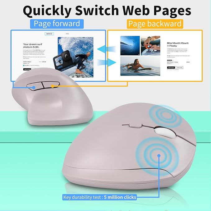 Wireless Silent Ergonomic Vertical Mouse - Dual Mode 2.4G/Bluetooth Rechargeable Type C Pain Relief for Office and Home Use Compatible with Laptop &amp PC (Gray)