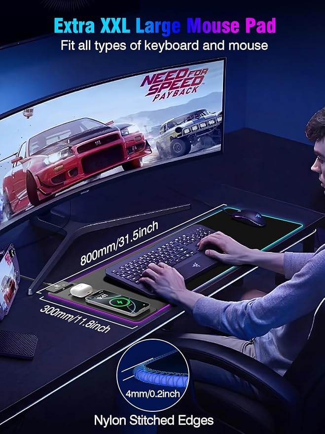 Mouse Pad with Magnetic Wireless Charging Large Desk Pad Protector RGB Black Mousepad Desk Mat with 15W Fast Charger 4mm Thick Non-Slip Waterproof Laptop Writing Pad for Office Home Gaming