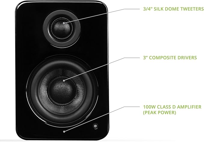 Kanto YU2GB PC Gaming Desktop Speakers | 3 Composite Drivers | 3/4 Silk Dome Tweeter | Class D Amplifier | 100 Watts | Built-in USB DAC | Subwoofer Output | Pair | Gloss Black