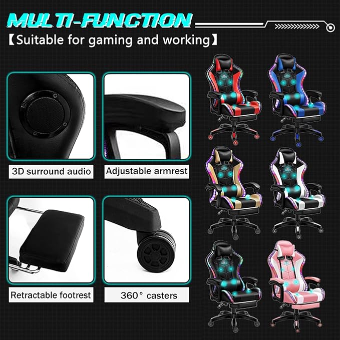 XOOFMASS Gaming Chair with Bluetooth Speakers Video Game Chairs with LED Lights Ergonomic Gaming Chair with Full Massage Lumbar Support 360°Swivel Massage Office Computer Chair for AdultsWhite