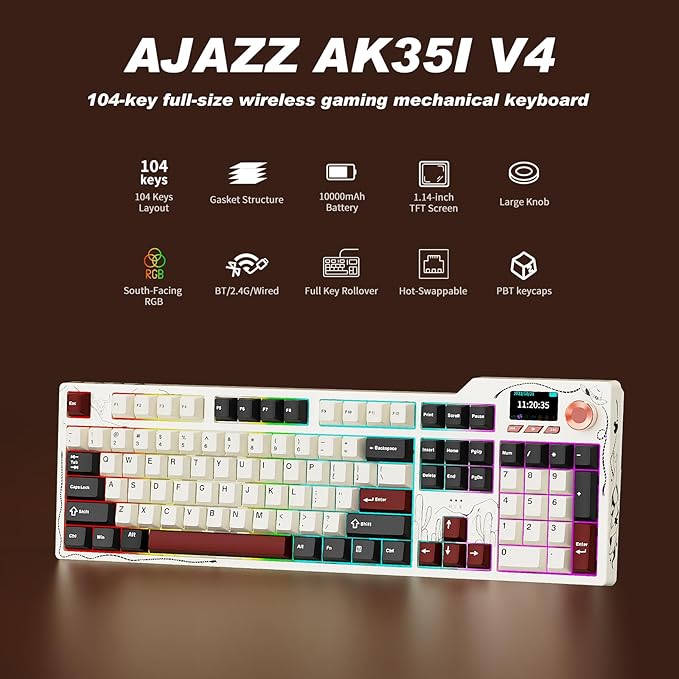 Ajazz AK35I V4 Customizable Wireless Gaming Mechanical Keyboard Wired/Wireless 2.4G/BT Gasket Structure 10000mAh Battery Full-Color RGB 1.14-inch Color Screen Knob Multi-Function Keys.