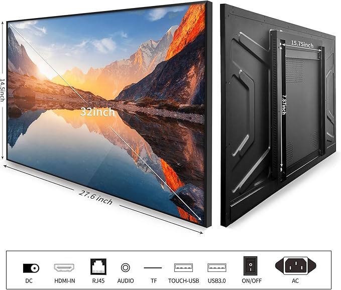 32 Anti-Glare 500Nits Capacitive Touchscreen Industrial Monitor Digital Signage Display for Advertising Reverse Control Laptop Wireless Screen Mirroring Built-in Speakers USB HDMI Ports