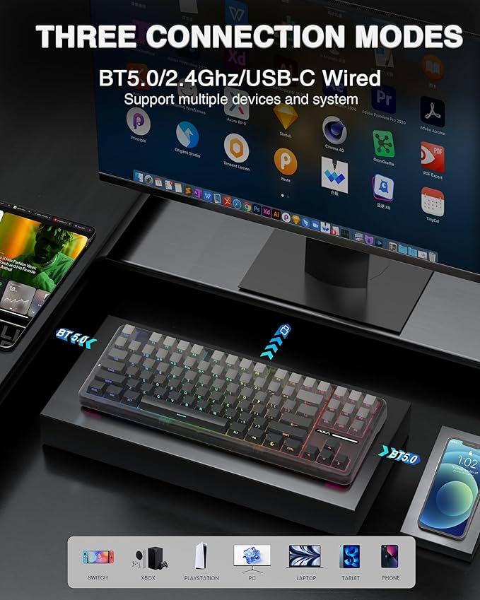 AULA F87 Pro Wireless Mechanical KeyboardTri-Mode BT5.0/2.4GHz/USB-C Hot Swappable Custom KeyboardPre-lubed SwitchesSide Printed PBT Keycaps75% TKL RGB Backlit Gaming Keyboards