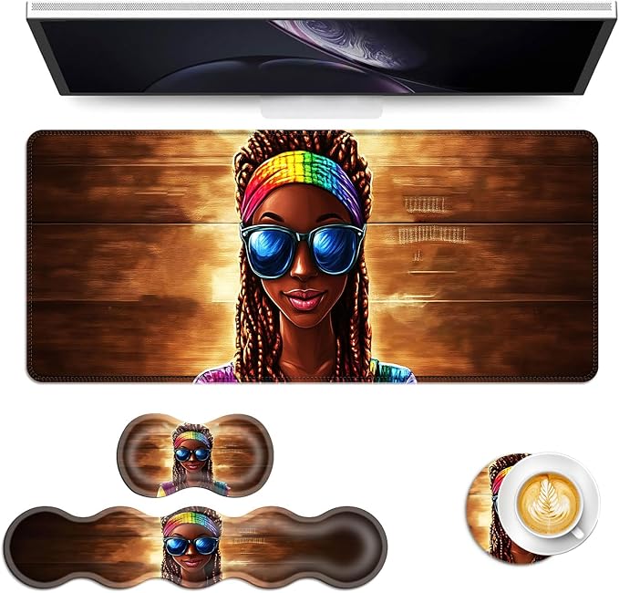 Keyboard Mouse Pad Set Extended Gaming Mouse Pad+Ergonomics Keyboard Wrist Rest Support Memory Foam Easy Typing Pain Relief 4Pcs XL Ultra Thick Desk MatRainbow Woman