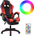 Gaming Chair with Bluetooth Speakers and RGB LED Lights High Back Video Game Massage Chair 360° Swivel Height Adjustable Recliner with Footrest &amp Headrest Lumbar Support Pillows (Black &amp Red)