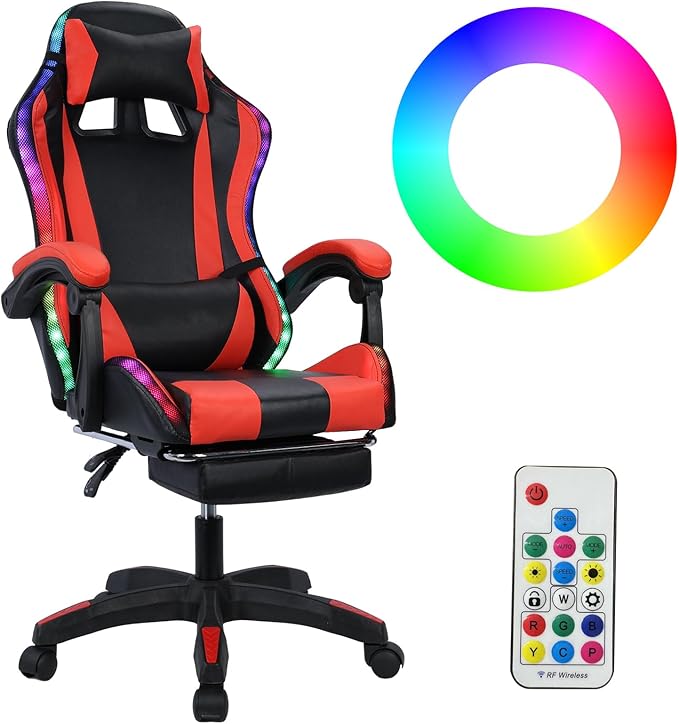 Gaming Chair with Bluetooth Speakers and RGB LED Lights High Back Video Game Massage Chair 360° Swivel Height Adjustable Recliner with Footrest &amp Headrest Lumbar Support Pillows (Black &amp Red)