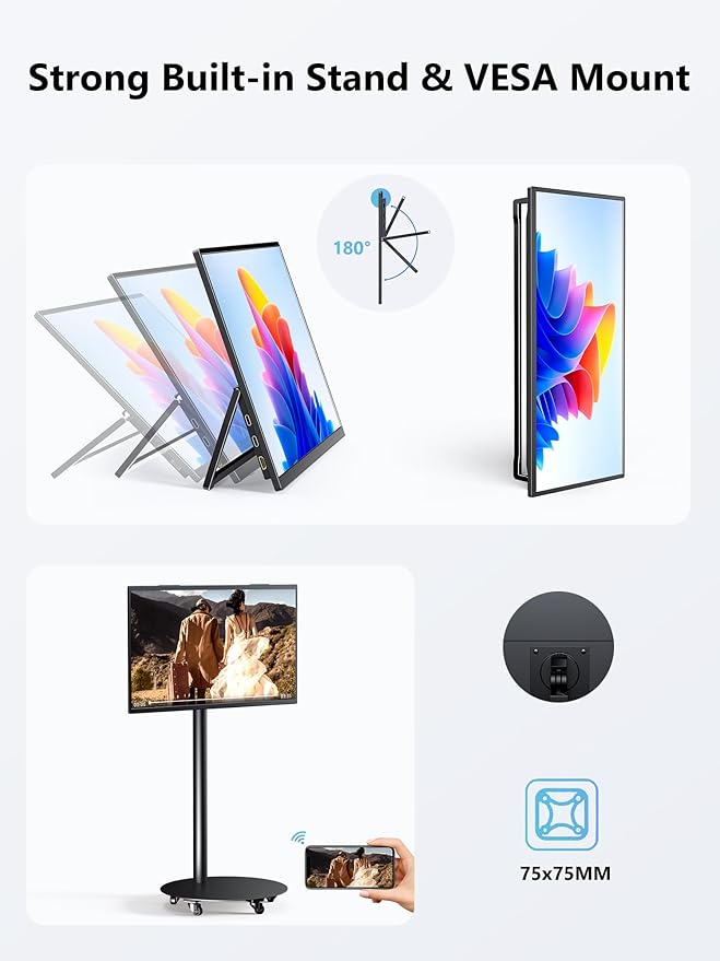 Wireless Portable Monitor with Battery Wireless Monitor for Laptop-15.6 1080P FHD Travel Monitor for Laptop Support AirPlay Miracast for Windows/Mac/Android/iOS
