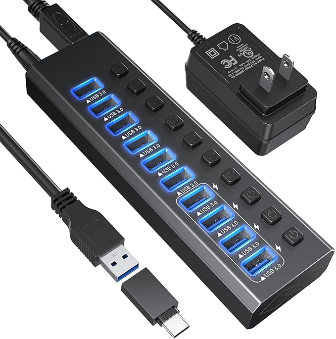 Powered USB 3.0 Hub Aluminum 10 Port USB 3.0 Data Hub with 12V/4A (48W) Power Adapter and Individual On/Off Switches &amp LEDUSB Extension for MacBook Mac Pro/Mini and More