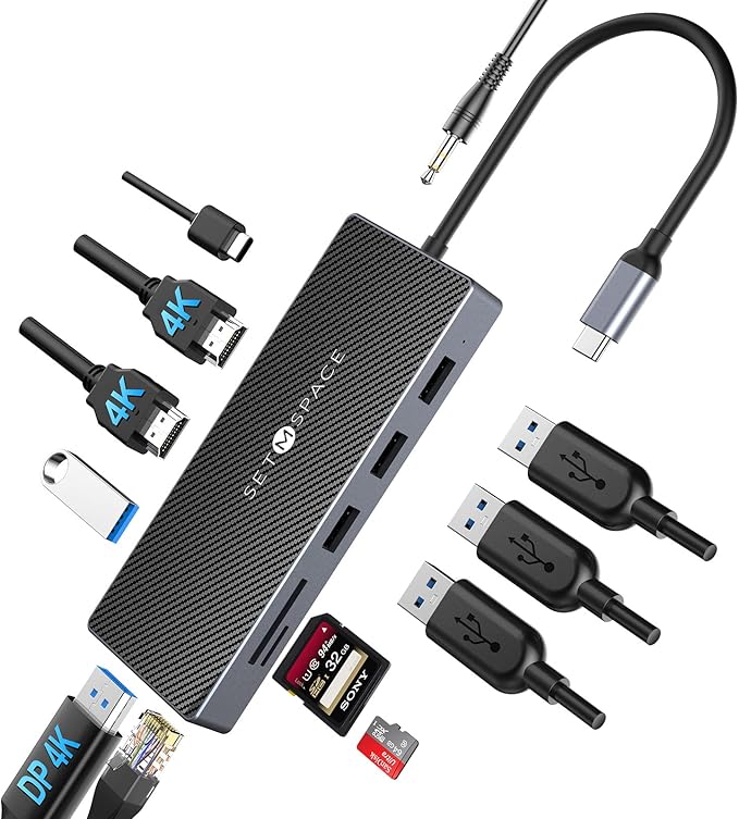 SETMSPCE Docking Station(Three Monitors) DP 4K@60Hz 2*HDM 4k@60HzPD100W 2*USB-A 10Gbps PD100W RJ45 1000Mbps 2*USB-A 2.0 SD/TF Audio Docking Station for USB-C Devices' Data Transmission