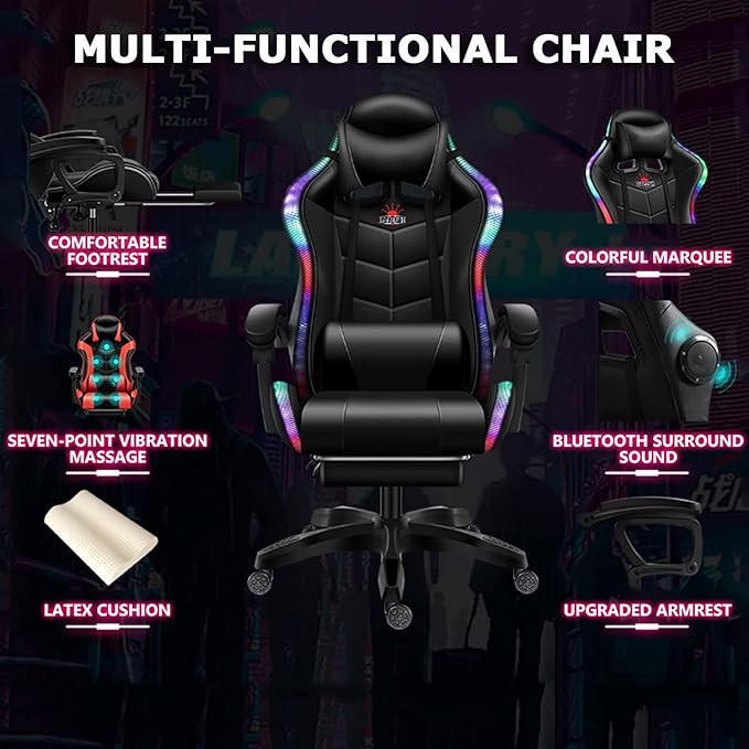 RGB Computer Chair with Footrest Full Massage Gaming Chair with Speakers Video Game Chair with Lumbar Support Headrest PU Leather 360°Swivel Recliner Chair High Back Office Chair for GamingPink