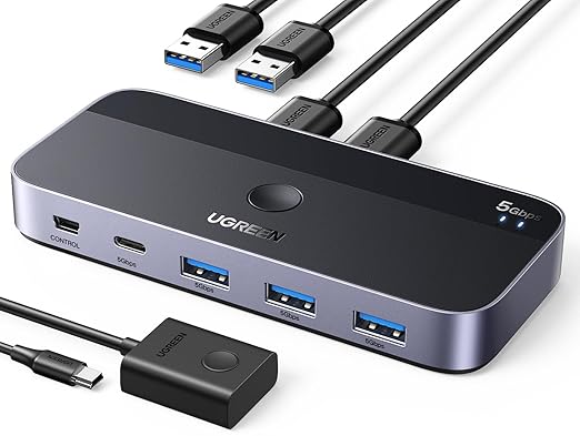 UGREEN USB 3.0 Switch 2 Computers Sharing USB C &amp A Devices 4 Port USB Switcher Sharing Keyboard and Mouse Printer/Scanner USB Switch Hub for Two Computers with 2 USB3.0 Cables and Controller