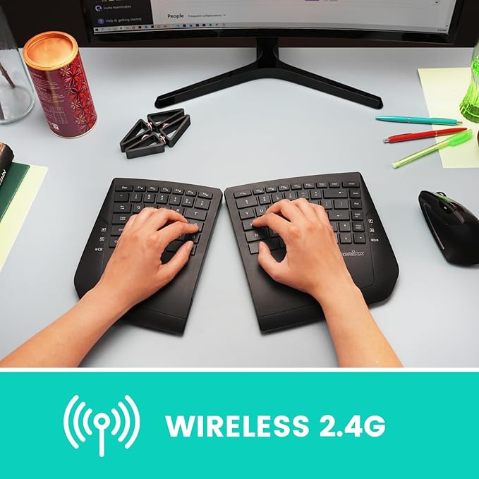 Perixx PERIBOARD-624B US Wireless Ergonomic Split Keyboard - Up 30 Ft Separation - Adjustable Tilt Angle - Low Profile Membrane Keys - Black - US English