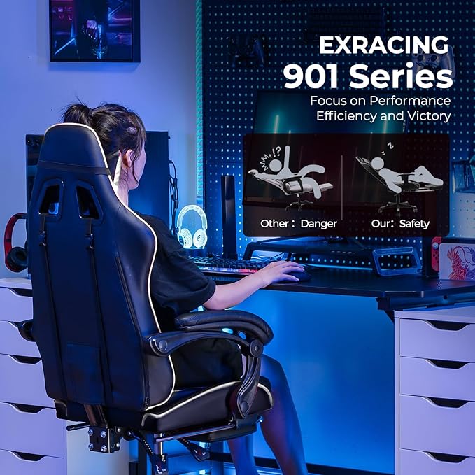 Gaming Chair Big and Tall Video Game Chair with High Back PU Leather Home Office Ergonomic Computer Chair with Footrest Adjustable Height 360° Swivel Wheels for Adults and Teens
