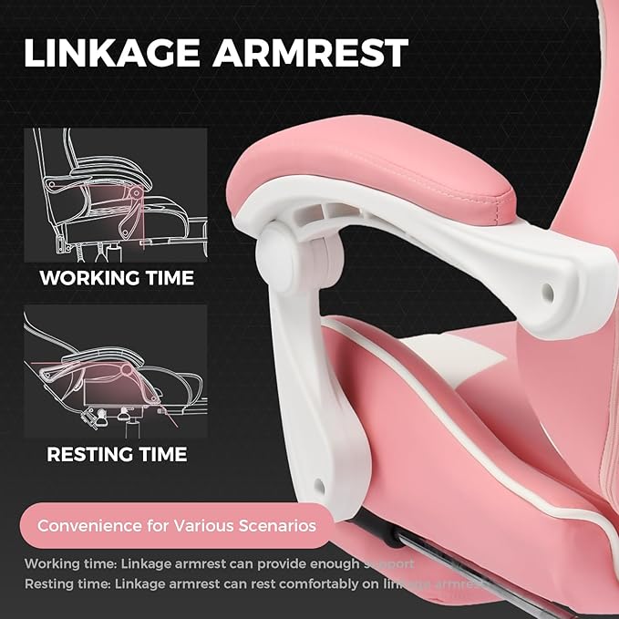 GTPLAYER Gaming Chair Computer Chair with Footrest and Lumbar Support Height Adjustable Game Chair with 360°-Swivel Seat and Headrest and for Office or Gaming (Faux Leather Pink)