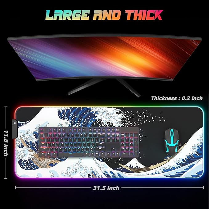 ITNRSIIET RGB Gaming Mouse Pad Full Desk XL Extended Large Gaming Mousepad 12 Lighting Modes 30% Thicker Big LED Desk Mat for Gamers 32 x 12 inches Japanese Waves