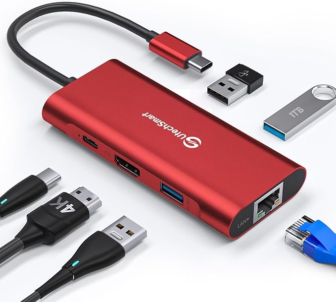 UtechSmart USB C Hub Ethernet Multiport Adapter 6 in 1 USB C to HDMI Dock Compatible for MacBook Pro/Air Chromebook Dell XPS HP and Type C Devices (Gigabit Ethernet 100W PD 4K HDMI USB 3.0) Red