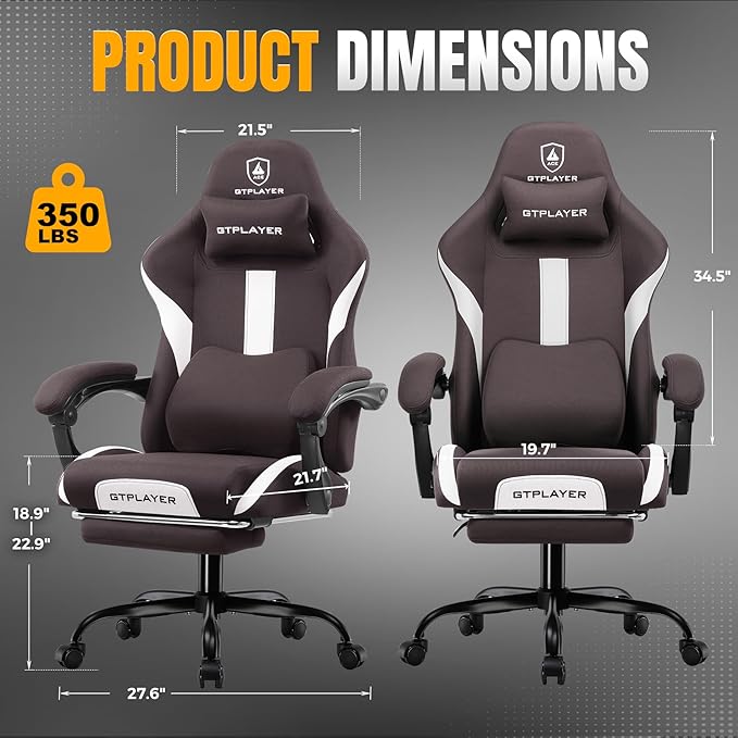 GTPLAYER Gaming Chair with Foot Rest &amp Pocket Spring Cushion Breathable Fabric for Home Office Desk Ergonomic High Back Computer Chair with Headrest &amp Lumbar Support Brown