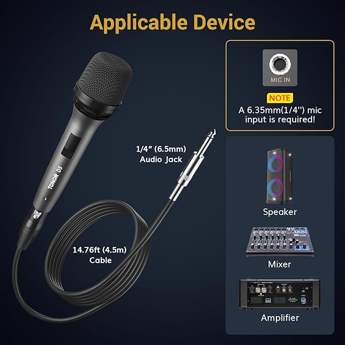 TONOR Professional Vocal Microphone for Singing Dynamic Handheld Wired Karaoke Mic Cardioid Studio Microfono with 450 cm/157inch XLR to 1/4 Cable for Speakers/Mixer Machine/Amp/Speech/Karaoke D5