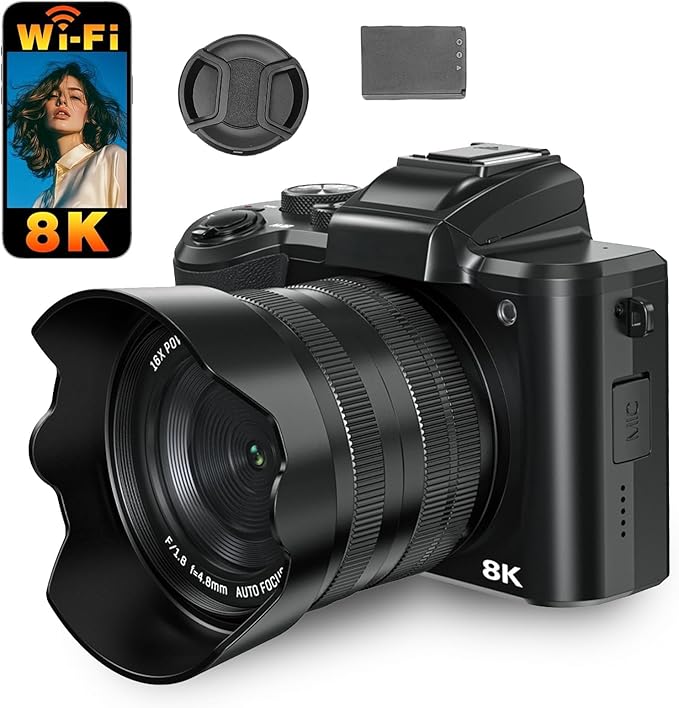 Diyeeni 8K Digital Camera 88MP HD Dual Lens 16X Zoom WiFi Webcam with 3.2 Inch Touchscreen Flash Lens Hood for Photography Selfie Video Streaming