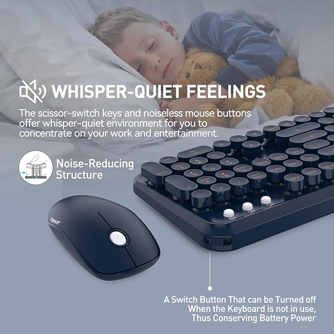 FOPETT Wireless Keyboard and Mouse Combo 104 Keys Full-Sized 2.4 GHz Round Keycap Colorful Keyboards USB Receiver Plug and Play for Windows Mac PC Laptop Desktop (DarkBlue)