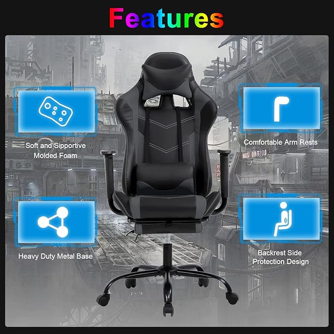 Gaming Chair Computer Chair Ergonomic Gaming Chair with Footrest Reclining High Back Video Game Chair with Lumbar Support Headrest Armrest Swivel Seat for Women Men (Grey)