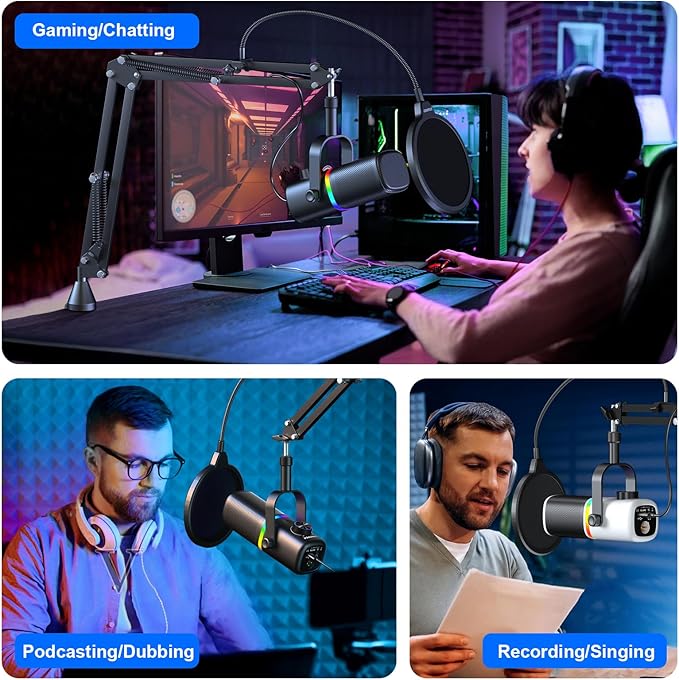 Aokeo AK-10 USB Gaming Microphone with mic arm Condenser Microphone for PC/MAC/PS4/PS5/Phone-Cardioid Mic with RGB Lighting（White）