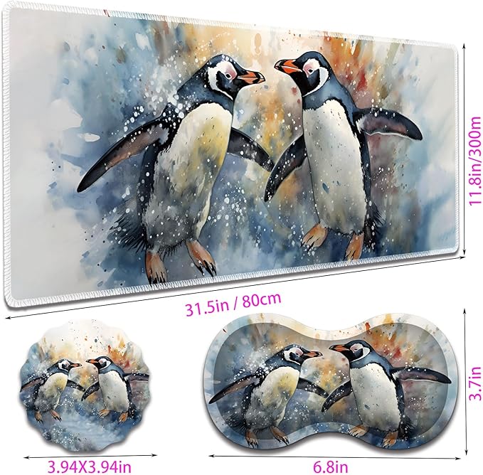 Large Gaming Mouse Pad + Mouse Wrist Rest Pad + Coaster Combination 31.5 x 11.8 Durable Non-Slip Extension Table Mat Suitable for Office and Home Watercolour Penguins