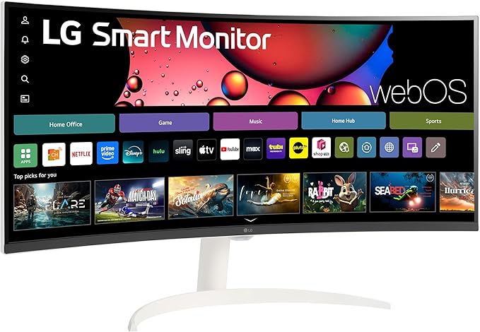 LG 34SR60QC-W 34-inch QHD (3440x1440) Curved Smart Monitor with Streaming UltraWide Screen webOS HDR10 100Hz Built-in Speaker AirPlay2 Screen Share Bluetooth ThinQ App White
