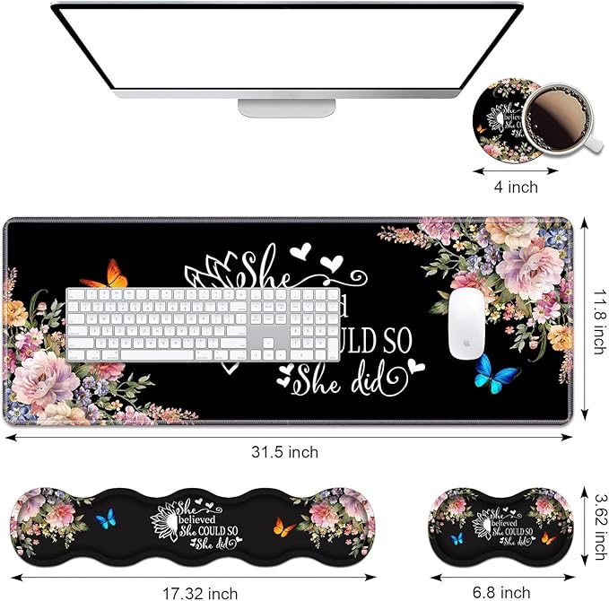 Ergonomic Keyboard Wrist Rest &amp Mouse Pad Wrist Rest Set 31.5x 11.8 Large XXL Gaming Desk Pad Memory Foam Non-Slip Desk Mat for Office &amp Home Floral Quote She Believed She Could So She Did