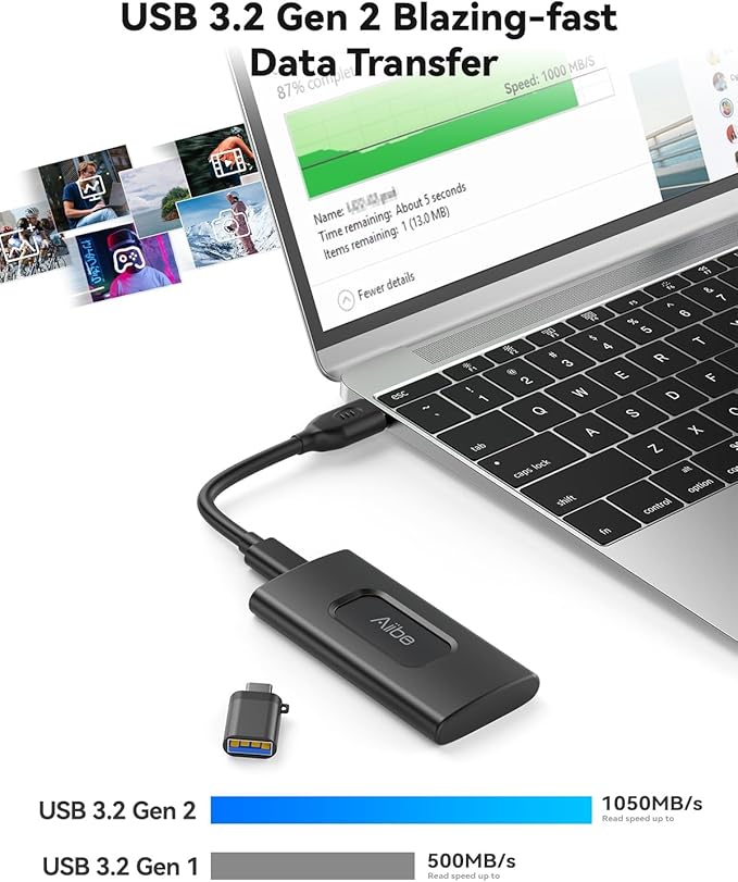 Aiibe 500GB External Solid State Drive USB C Portable SSD USB 3.2 Gen 2 Up to 1050MB/s External SSD 500GB External Hard Drive for iPhone 15/Pro Laptop Mac and PS4 (Black)