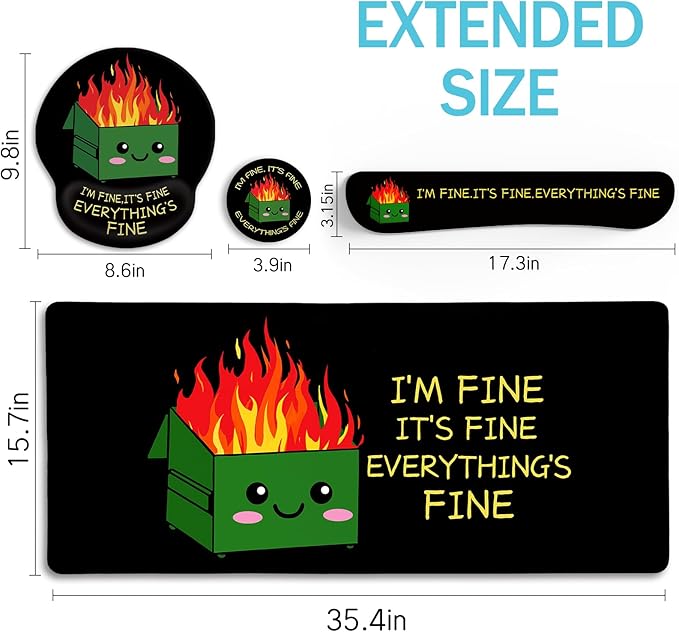 Blusabaca Dumpster on Fire Mouse Pad Desk Pad Funny Cute Desk Mat Large Gaming Mouse Pad with Wrist Rest Keyboard Pad Wrist Rest Ergonomic Cup Coaster Work Home Desk Accessories Office Supplies