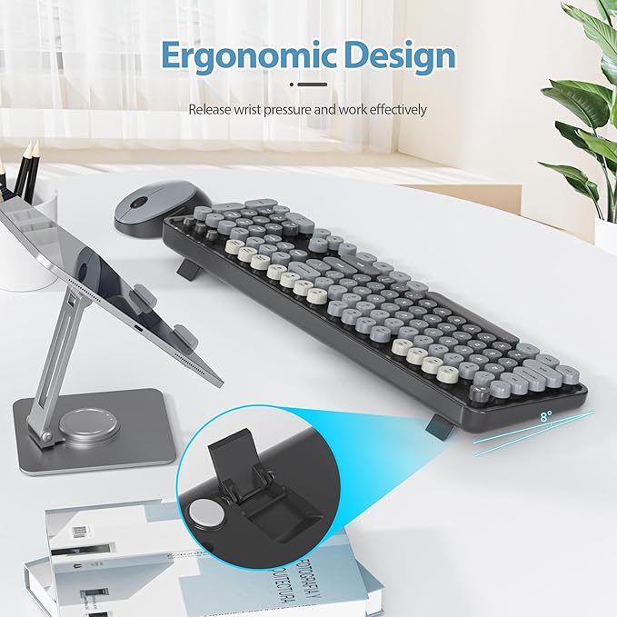 Owpkeenthy Retro Keyboard and Mouse Wireless Cute Black Keyboard with Retro Typewriter Style Full-Sized with Number Pad Round Keys for Desktop Laptop and Computerr (Gradient Dark)