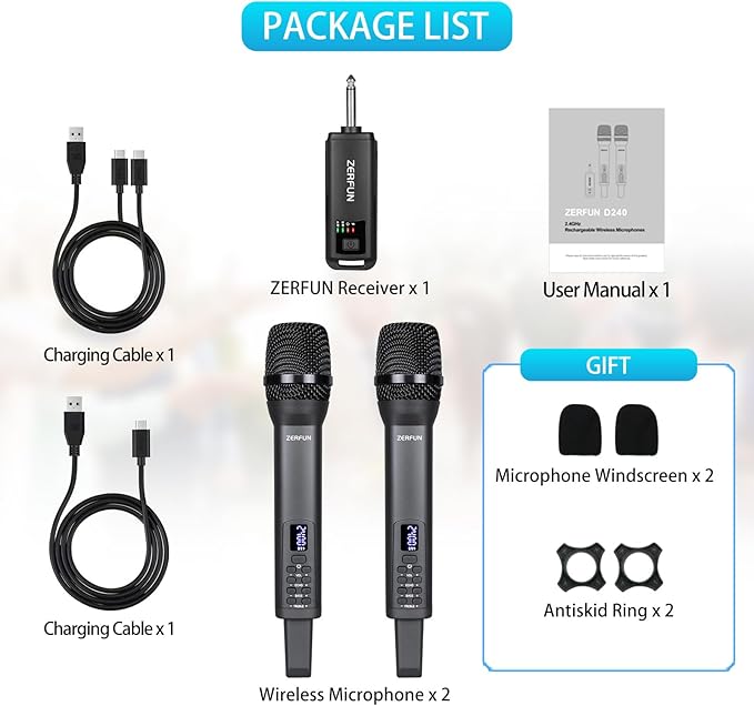 Rechargeable Wireless Microphones Dual Pro Handheld Cordless Mics System Dynamic with Echo Treble BASS VOL Control for Karaoke Singing Church Party 1/4'' Output D240 Grey