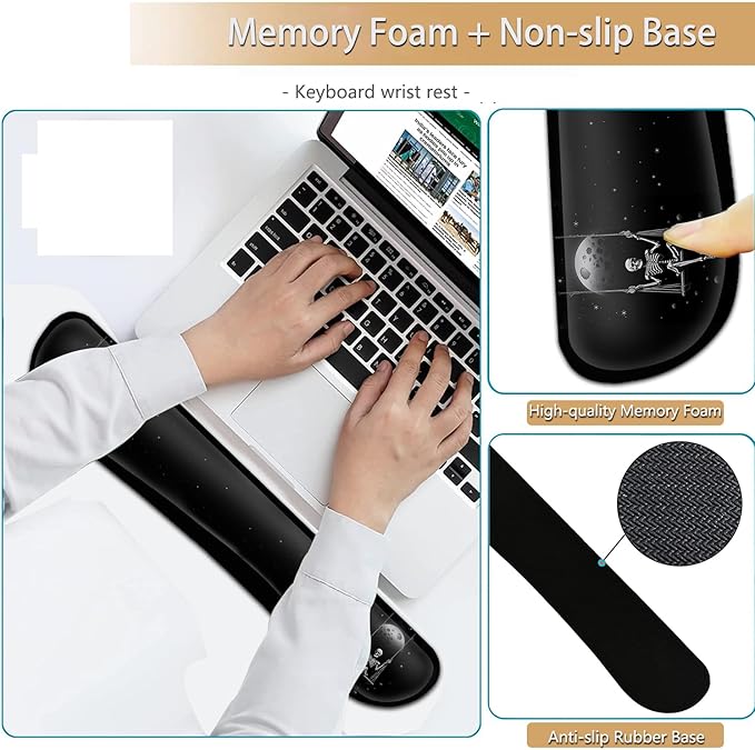 Keyboard Wrist Rest and Mouse Pad Wrist Support Set Ergonomic Gel Mouse Pad Wrist Rest with Non-Slip Base for Home Office Desk Pad Funy Skeleton Skeleton Planet Pattern Black Gaming Mouse Mat