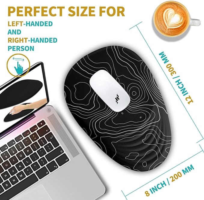 Hokafenle Ergonomic Mouse Pad Wrist Support with Stepped-wedge Design Wrist Rest Pain Relief Mousepad Filled with Memory Foam Carpal Tunnel Mousepad for Wireless Mouse(12x8 inch Topographical Line)