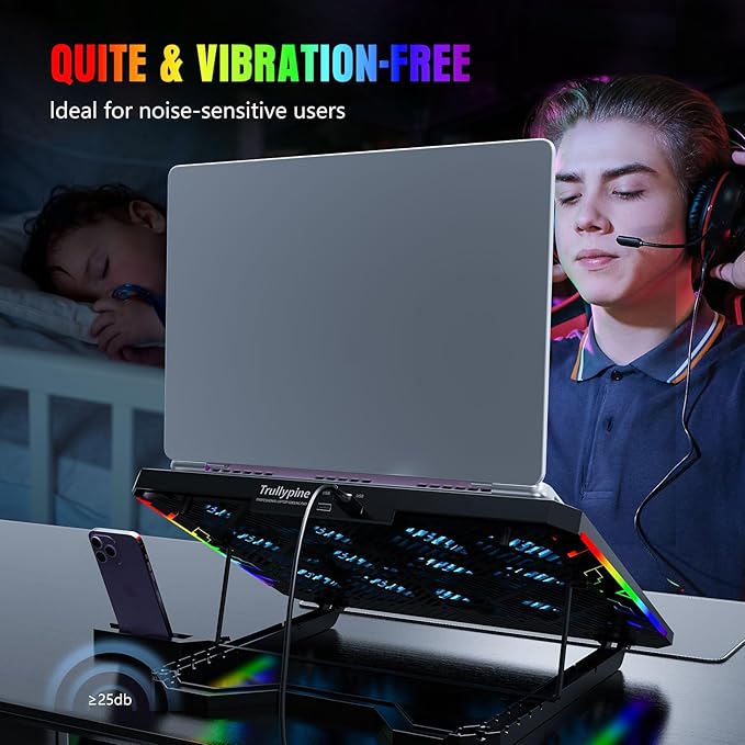 Laptop Cooling Pad with 12 Quiet Fans Slim Portable for 12-17.3 Inch Laptop Cooler Stand RGB Lighting with 5 Height Adjustable Gaming Cooling Fan Pad USB/Type-C &amp Phone Holder (LCD)