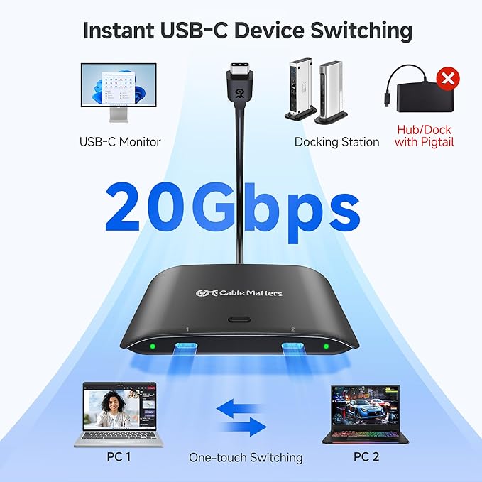 Cable Matters 20Gbps USB C Switch for 2 Computers Up to 8K@30Hz on Windows 4K@60Hz on macOS 140W PD for Sharing a USB-C/Thunderbolt 4 Monitor or Dock (Not Work with Captive Cable Docks) Black
