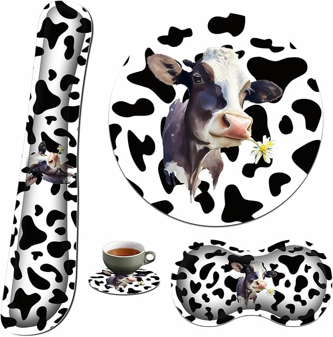 Keyboard Wrist Rest &amp Mouse Pad &amp Mouse Wrist Rest Support &amp Coaster Non Slip Rubber Base Wrist Support with Ergonomic Raised Memory Foam for Computer Laptop Home Office Black White Cow