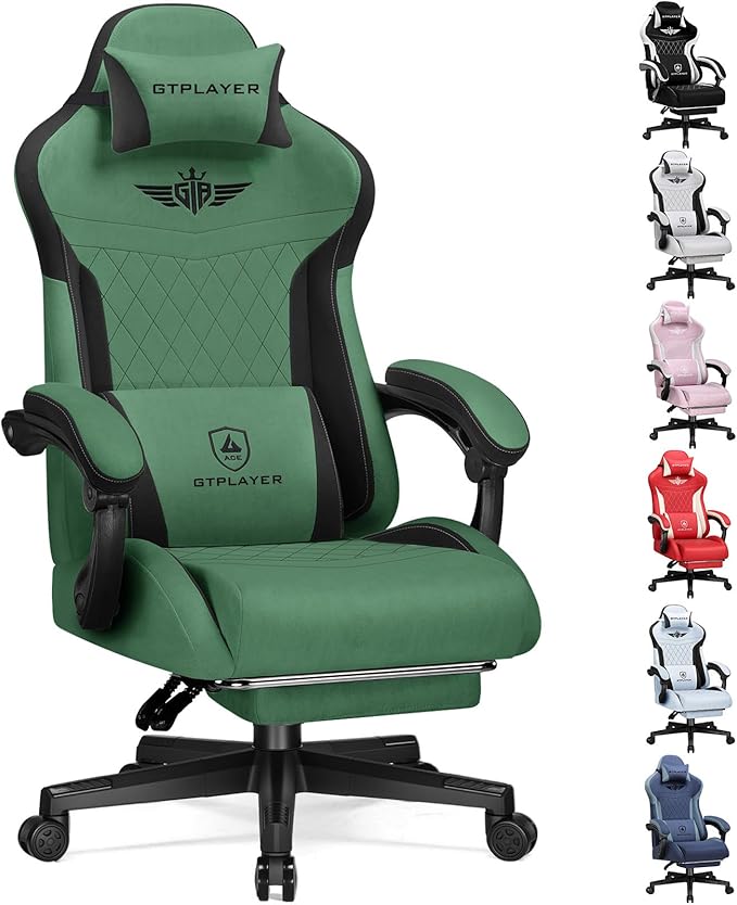 GTPLAYER Gaming Chair with Footrest Big and Tall Game Chair High Back Computer Office Chair with Lumbar Support for Adults Ergonomic Swivel Games Chair with Cushion Gaming Fabric Green