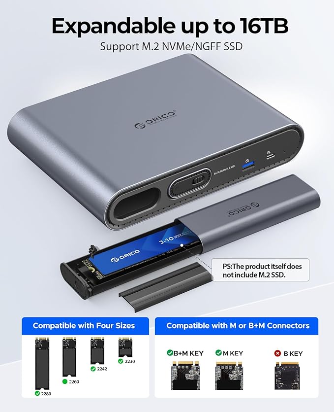 ORICO 10 in 1 USB-C Docking Station with Dual M.2 NVMe/SATA SSD Enclosure 10Gbps USB-C&ampUSB-A Dual HDMI 4K@60Hz 60W PD RJ45 Ethernet for MacBook Pro/Air (PTM2)