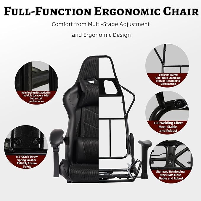 2026 Ergonomic Gaming Chair with Massage Lumbar Support &amp Footrest - Racing Style Office Chair for Esports Work from Home and Relaxation - Adjustable Recliner with Sync-Tilt Armrests (Black)