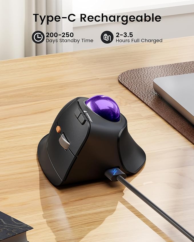 ProtoArc Vertical Wireless Trackball Mouse EM05 NL Bluetooth Ergonomic Rollerball Mouse Rechargeable Computer Laptop Thumb Mice 3 Device Connection Compatible with iPad Mac Windows PC-Purple