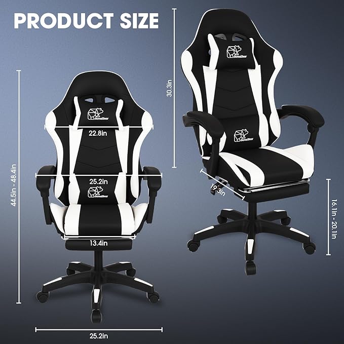 Gaming Chair Office Chair Reclining High-Back PU Leather Computer Desk Chair with Headrest and Lumbar Support suitable for gaming chairs office storage office shelving and more（Black+White）