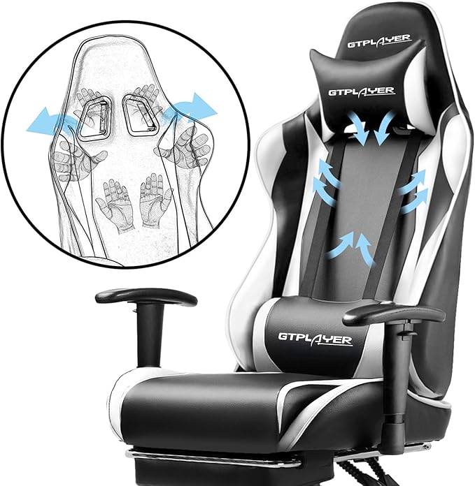 GTPLAYER Gaming Chair with Footrest Ergonomic Computer Game Desk Chair Reclining Game Chair Seat Height Adjustment Swivel Rocker with Headrest and Lumbar (White)