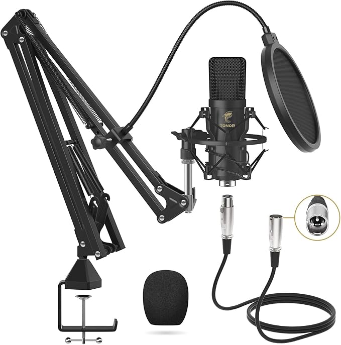 TONOR XLR Condenser Microphone Professional Cardioid Studio Mic Kit with T20 Boom Arm Shock Mount Pop Filter for Recording Podcasting Voice Over Streaming Home Studio YouTube (TC20)