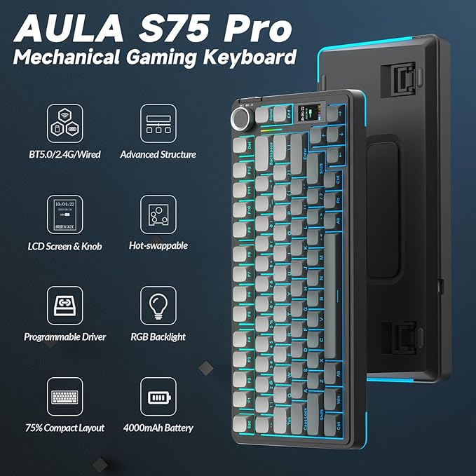 AULA S75 PRO Wireless Mechanical Keyboard with Screen&ampKnob Tri-Mode Hot Swappable Gaming Keyboard 75% Pre-lubed Switches RGB Backlit Side Printed PBT Keycaps Creamy Sounding Computer Keyboard